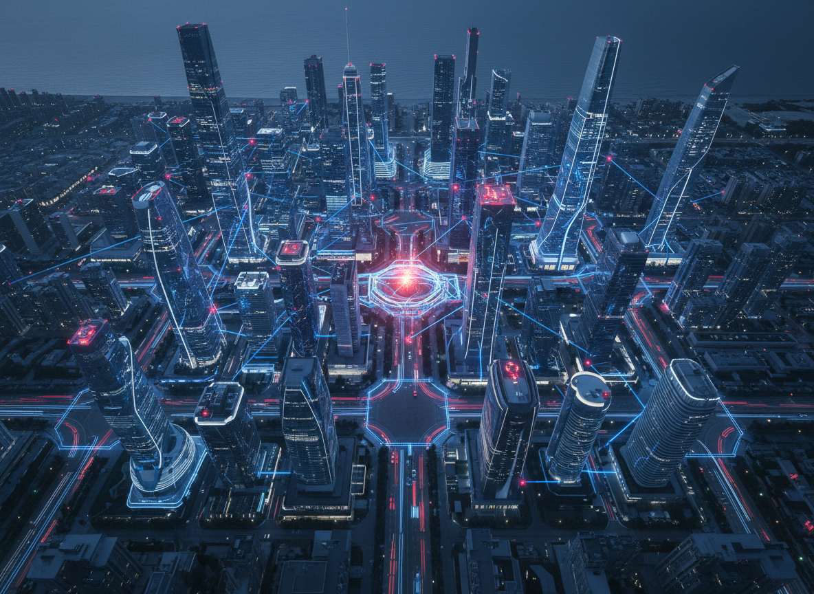 Aerial view of a connected smart city at dusk